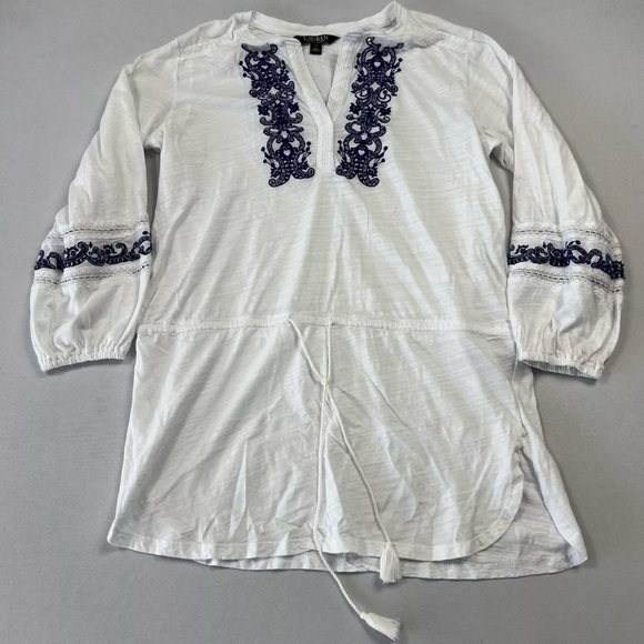 Lauren Ralph Lauren Tops - Lauren Ralph Lauren Womens V-Neck Tunic Embroidered Cotton 3/4 Sleeve White Sz S